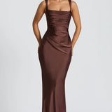 Satin Mermaid Maxi Dress with Square Neck and Wide Straps