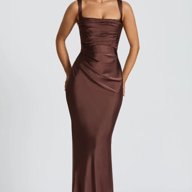 Satin Mermaid Maxi Dress with Square Neck and Wide Straps