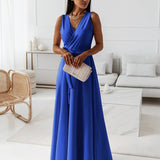 Draped V-Neck Wrap Maxi Dress with Tie Waist