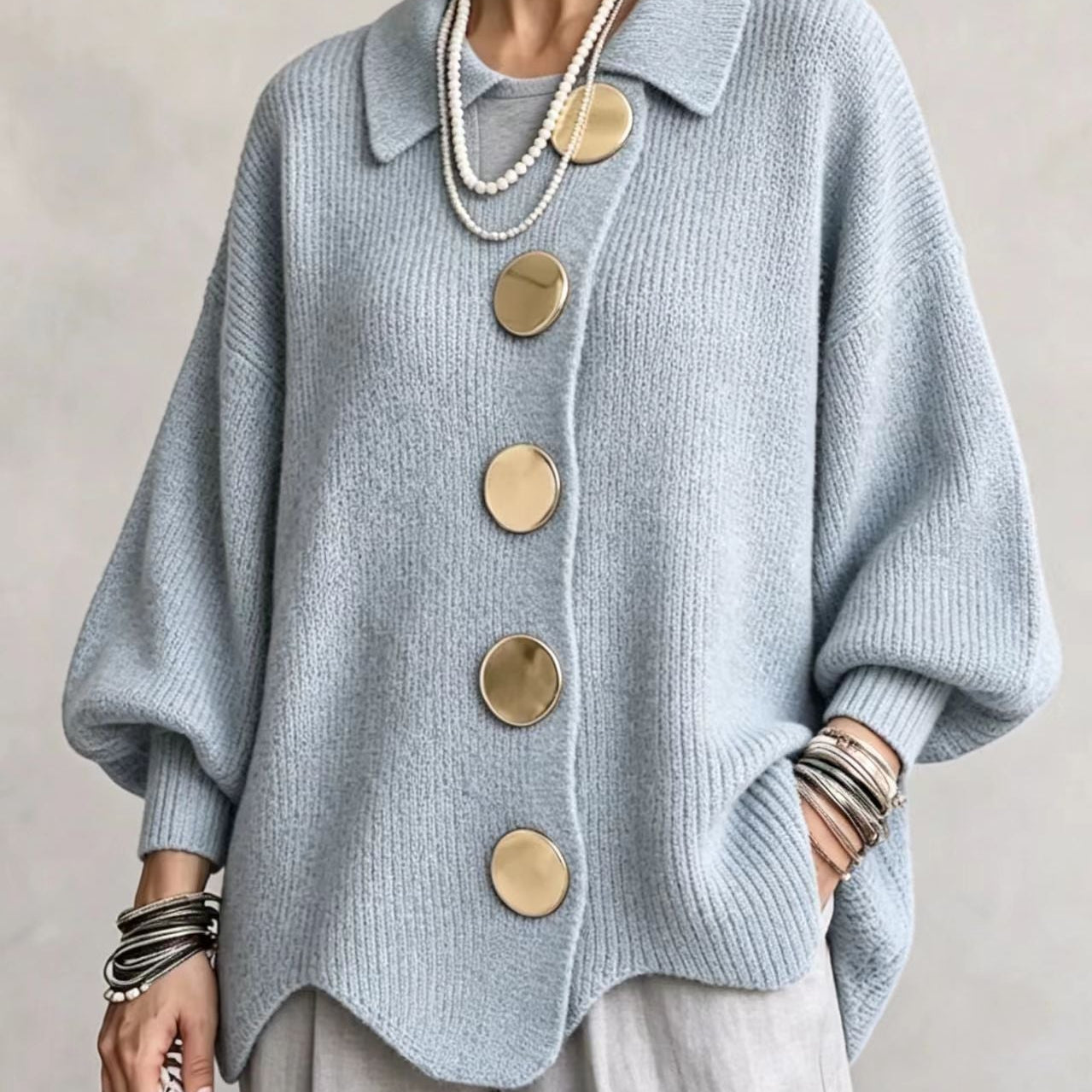 Oversized Button-Front Cardigan with Collar and Balloon Sleeves