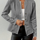Fitted Knit Blazer with Stand Collar and Button Front