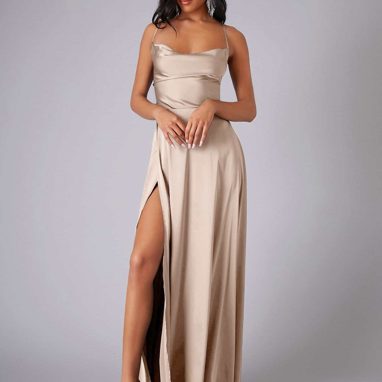 Satin A-Line Maxi Dress with Cowl Neck and Thigh Slit