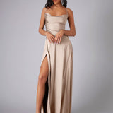Satin A-Line Maxi Dress with Cowl Neck and Thigh Slit