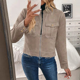 Cropped Suede Jacket with Zip-Front and Flap Pockets
