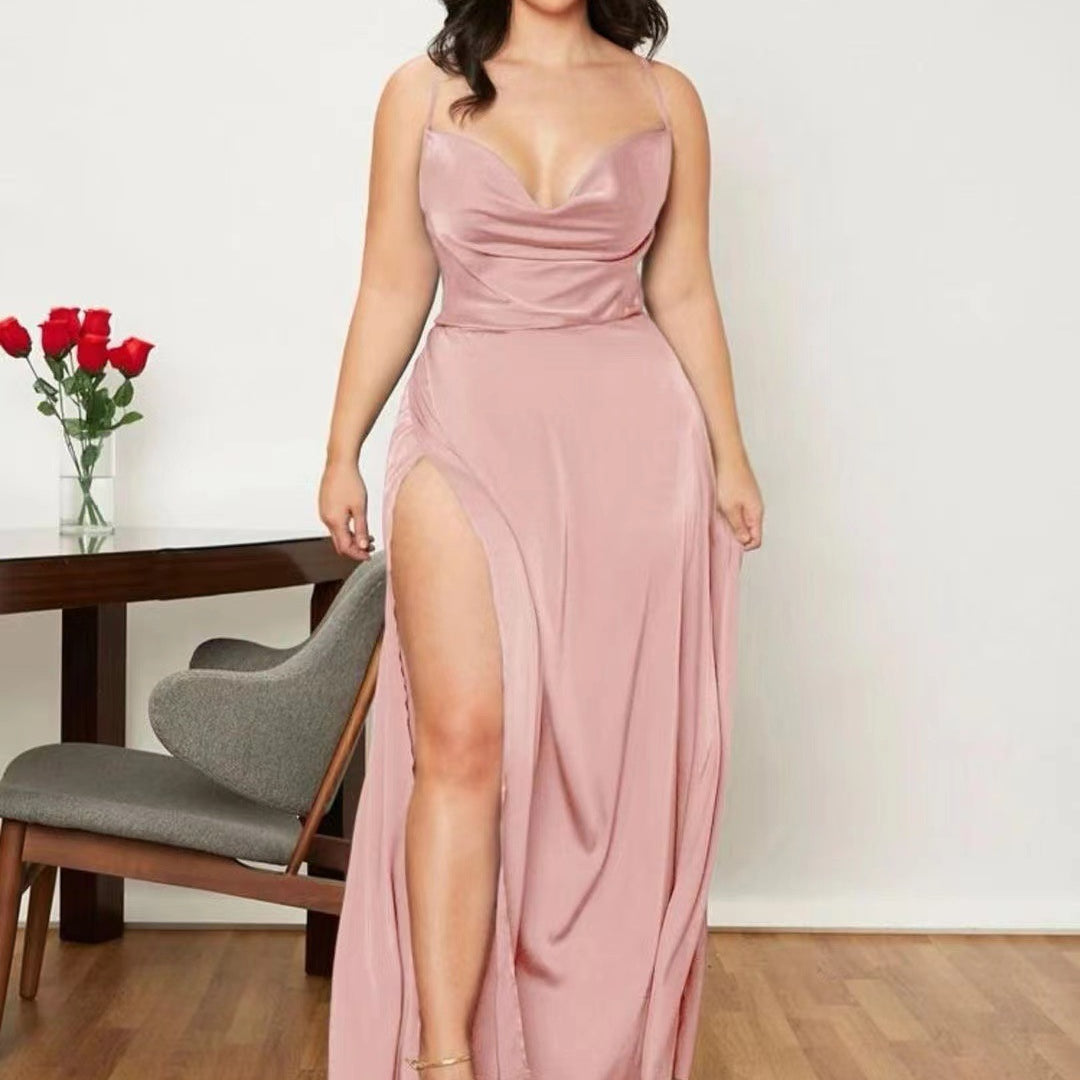 Satin A-Line Maxi Dress with Cowl Neck and Thigh Slit
