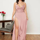 Satin A-Line Maxi Dress with Cowl Neck and Thigh Slit