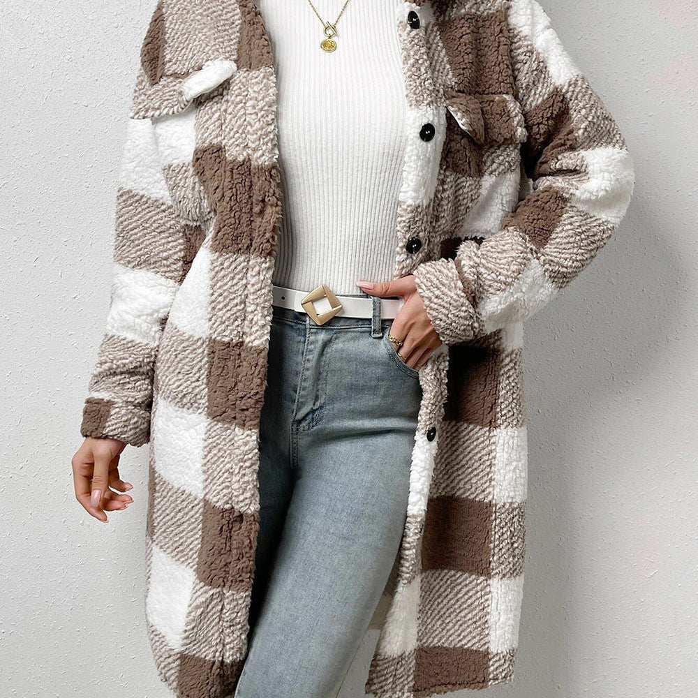 Long Plaid Sherpa Coat with Button-Front and Flap Pockets