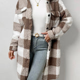 Long Plaid Sherpa Coat with Button-Front and Flap Pockets