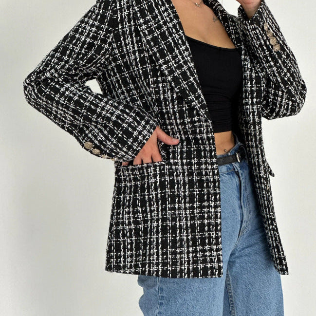 Tailored Plaid Blazer with Button-Front and Notched Lapel