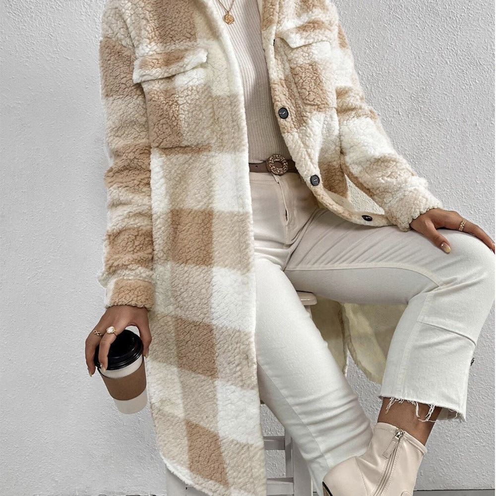 Long Plaid Sherpa Coat with Button-Front and Flap Pockets
