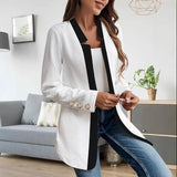 Long Open-Front Blazer with Contrast Trim and Button Cuffs