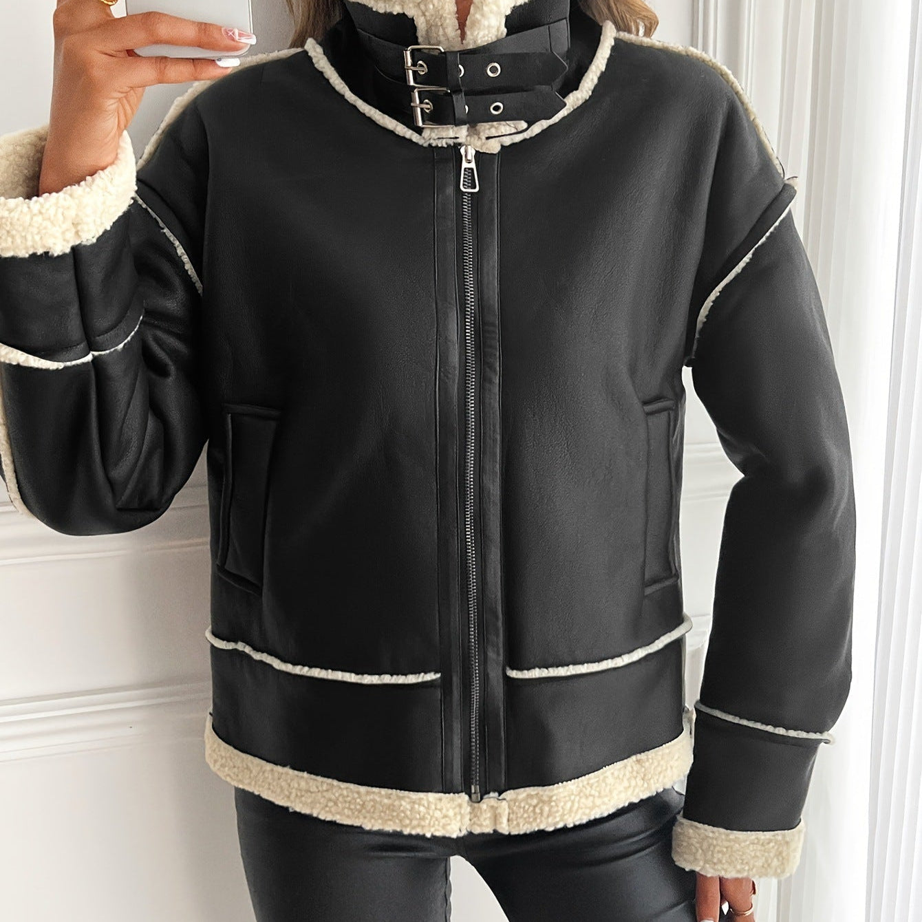 Faux Leather Sherpa Jacket with Zip Front and Buckle Collar