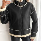 Faux Leather Sherpa Jacket with Zip Front and Buckle Collar