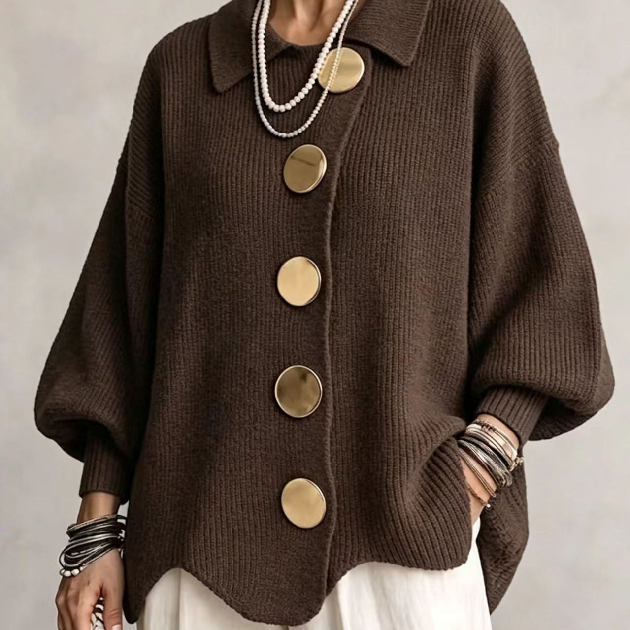 Oversized Button-Front Cardigan with Collar and Balloon Sleeves