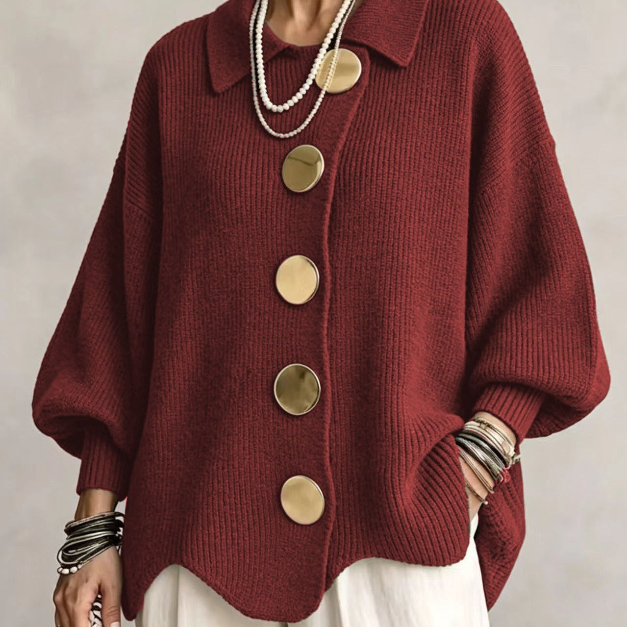 Oversized Button-Front Cardigan with Collar and Balloon Sleeves