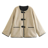 Faux Fur Round Neck Duffle Jacket with Toggle Front and Pockets