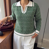 Collared V-Neck Knit Sweater with Contrast Trim