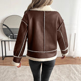 Faux Leather Sherpa Jacket with Zip Front and Buckle Collar