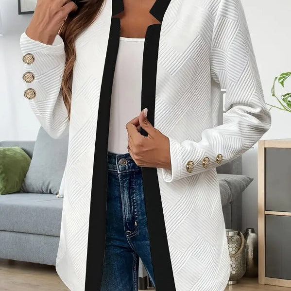 Long Open-Front Blazer with Contrast Trim and Button Cuffs