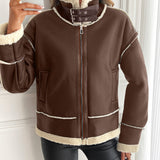 Faux Leather Sherpa Jacket with Zip Front and Buckle Collar