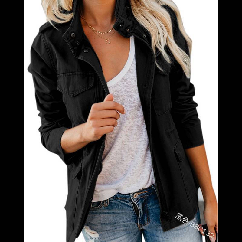 Women's Utility Jacket with Stand Collar Zip Front and Flap Pockets