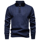 Quarter-Zip Cable Knit Sweater with Stand Collar and Ribbed Trim