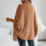 Fringe Hem Poncho with Shawl Collar and Dolman Sleeve