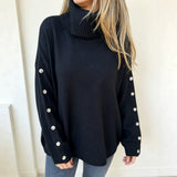 Oversized Turtleneck Sweater with Button Sleeve and Ribbed Trim