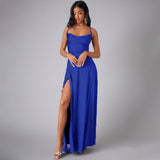 Satin A-Line Maxi Dress with Cowl Neck and Thigh Slit