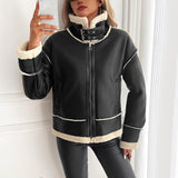 Faux Leather Sherpa Jacket with Zip Front and Buckle Collar
