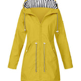 Women's Hooded Rain Jacket with Longline Zip Front and Striped Hood Lining with Adjustable Drawstring Waist