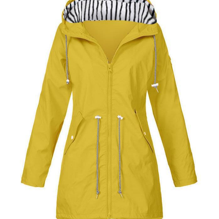 Women's Hooded Rain Jacket with Longline Zip Front and Striped Hood Lining with Adjustable Drawstring Waist