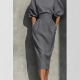 Puff Sleeve Midi Dress with Boat Neck and High Waist