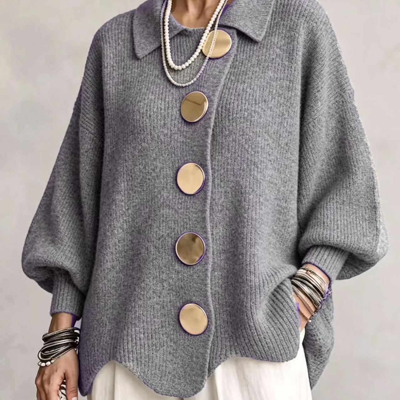 Oversized Button-Front Cardigan with Collar and Balloon Sleeves