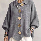 Oversized Button-Front Cardigan with Collar and Balloon Sleeves