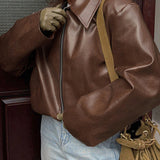 Faux Leather Jacket with Zip Front and Wide Collar