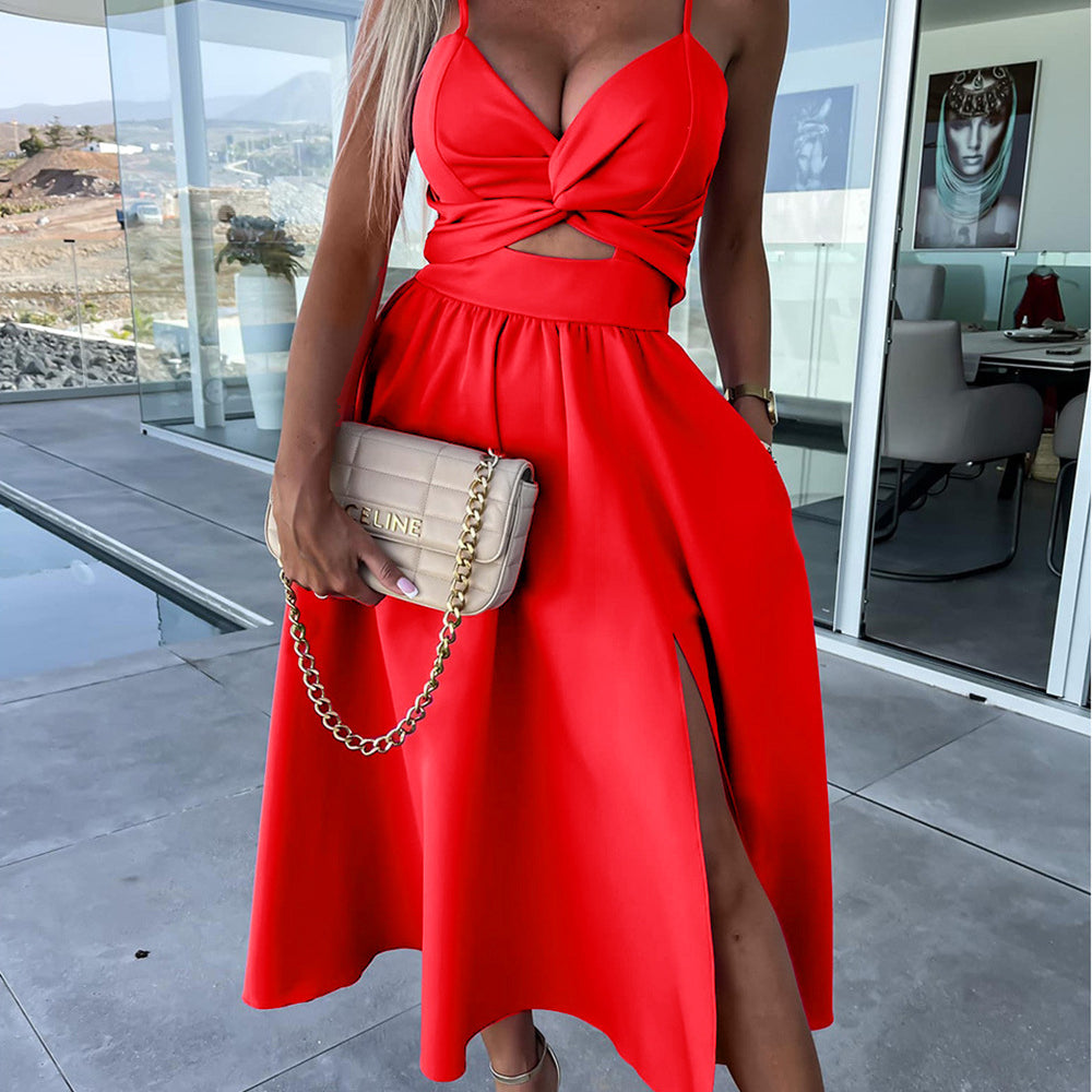 Cutout A-Line Midi Dress with Twist Front and Thigh Slit