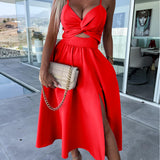 Cutout A-Line Midi Dress with Twist Front and Thigh Slit