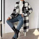 Long Plaid Sherpa Coat with Button-Front and Flap Pockets