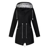 Women's Hooded Rain Jacket with Longline Zip Front and Striped Hood Lining with Adjustable Drawstring Waist