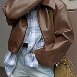 Faux Leather Jacket with Zip Front and Wide Collar