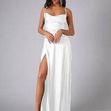 Satin A-Line Maxi Dress with Cowl Neck and Thigh Slit