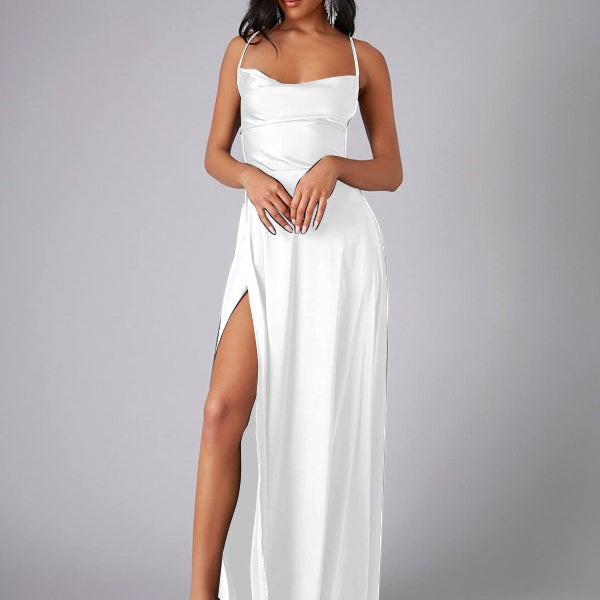 Satin A-Line Maxi Dress with Cowl Neck and Thigh Slit