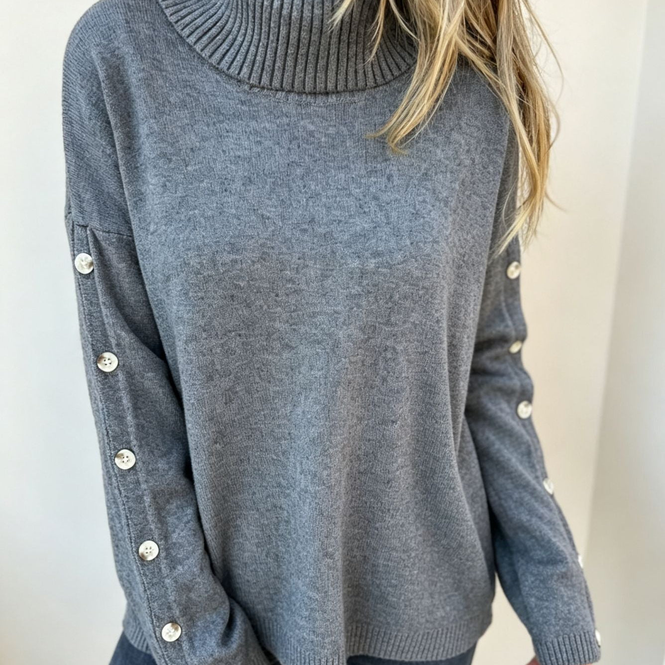 Oversized Turtleneck Sweater with Button Sleeve and Ribbed Trim