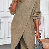 Women's Long Sweater Midi Dress with Asymmetric Overlap Front and Three Quarter Sleeves