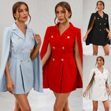 Belted Double-Breasted Cape Mini Dress with Notched Lapel