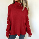 Oversized Turtleneck Sweater with Button Sleeve and Ribbed Trim