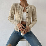 Cable Knit Button-Front Cardigan with Round Neck