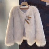 Cropped Faux Fur Jacket with Buckle Strap and V-Neck