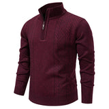 Quarter-Zip Cable Knit Sweater with Stand Collar and Ribbed Trim